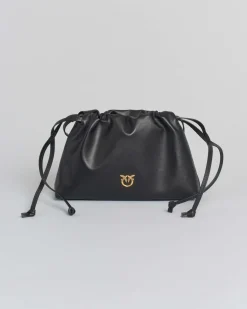 Mini sacchetto nero Pinko in pelle con chiusura arricciata con doppia tracolla a coulisse