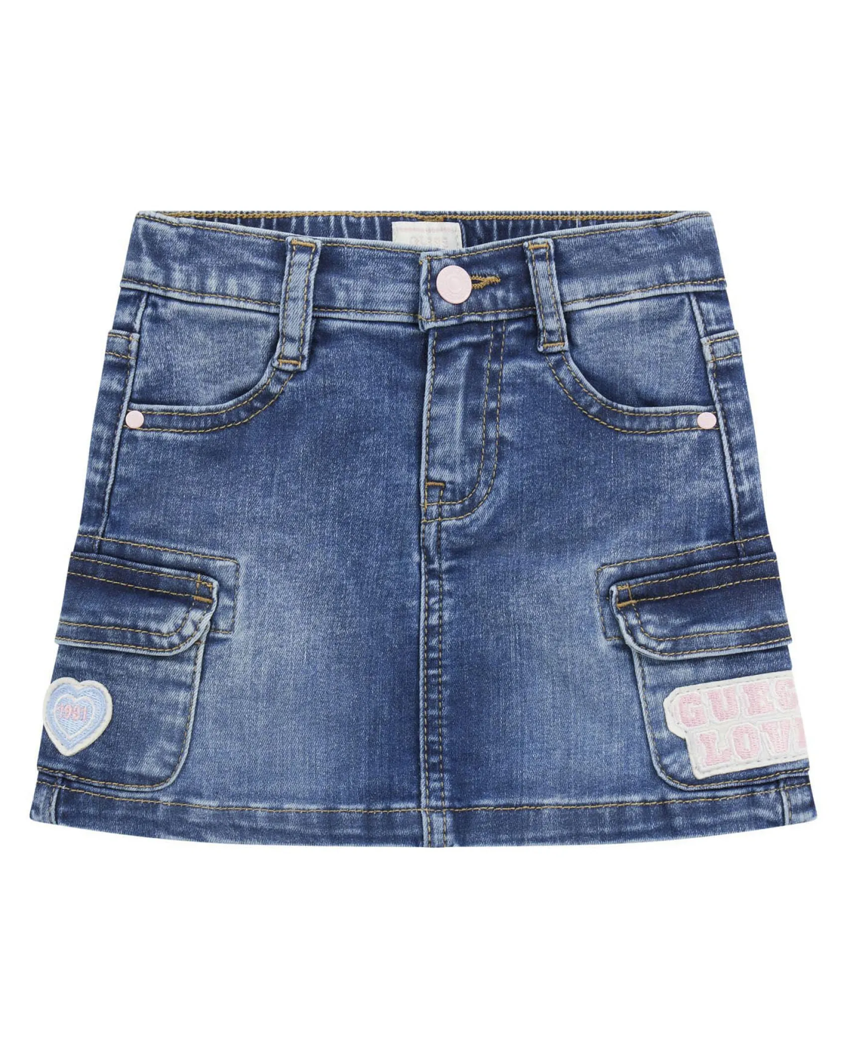 Minigonna Guess in denim lavaggio medio stone washed con patch