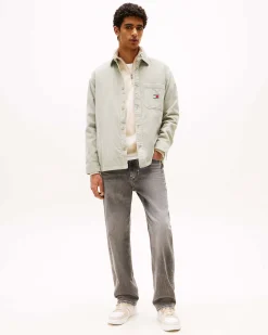 Overshirt Tommy Jeans verde salvia in puro cotone con taschino e flag porta logo al petto