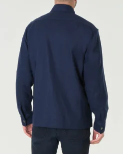 Overshirt Xacus blu in flanella di misto lana stretch con tasconi applicati sul petto