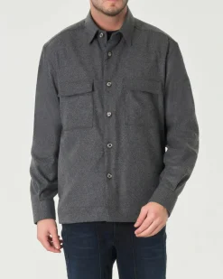 Overshirt Xacus color antracite in flanella di misto lana stretch con tasconi applicati sul petto