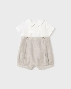 Pagliaccetto in cotone misto lino beige e bianco