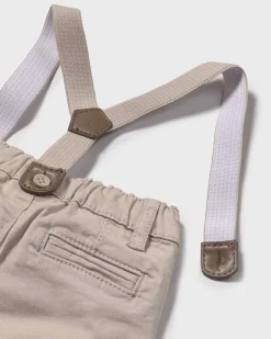 Pantalone beige in cotone stretch con bretelle