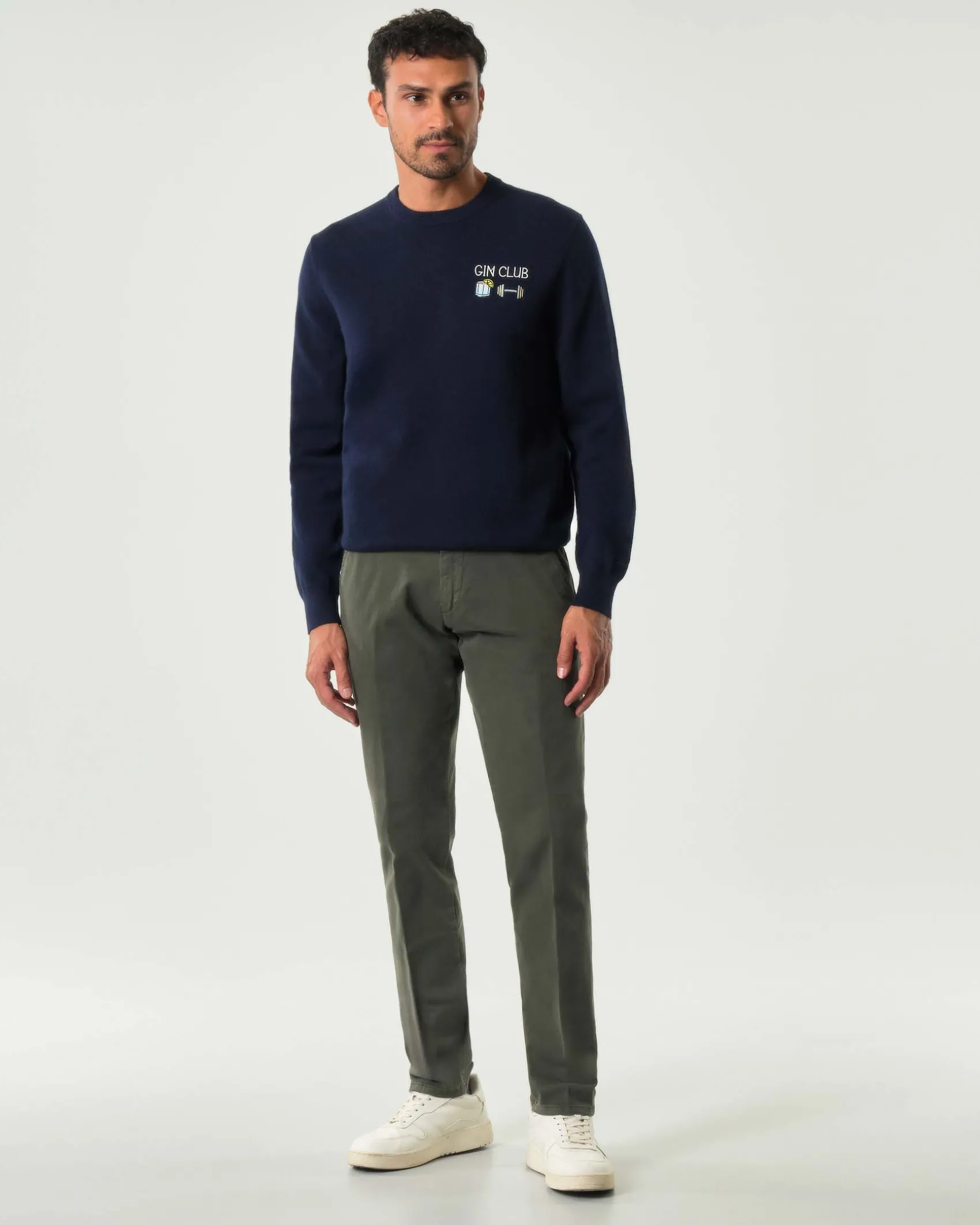 Pantalone chino New Rolf Roy Roger's verde militare slim-fit in gabardina di cotone stretch