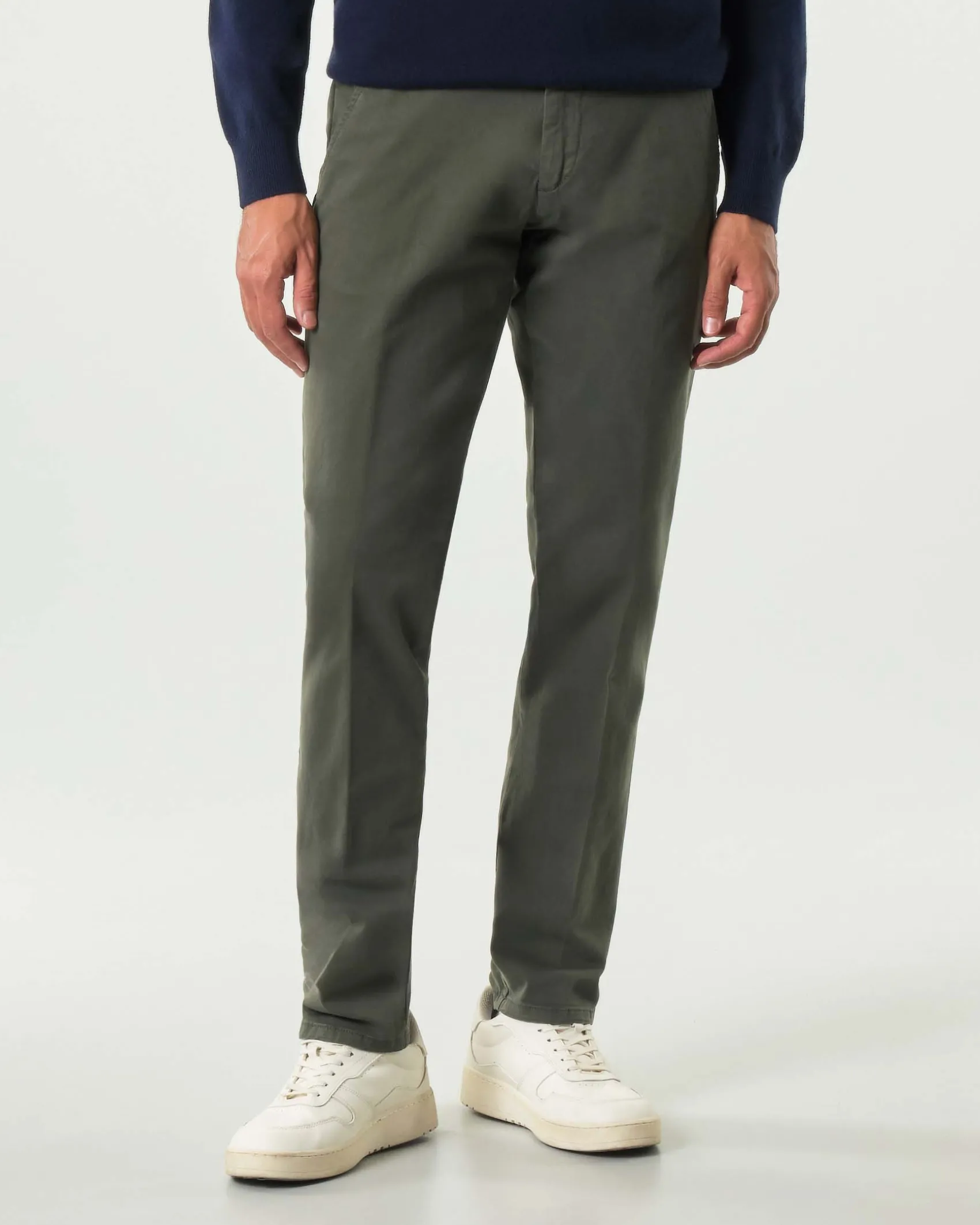 Pantalone chino New Rolf Roy Roger's verde militare slim-fit in gabardina di cotone stretch