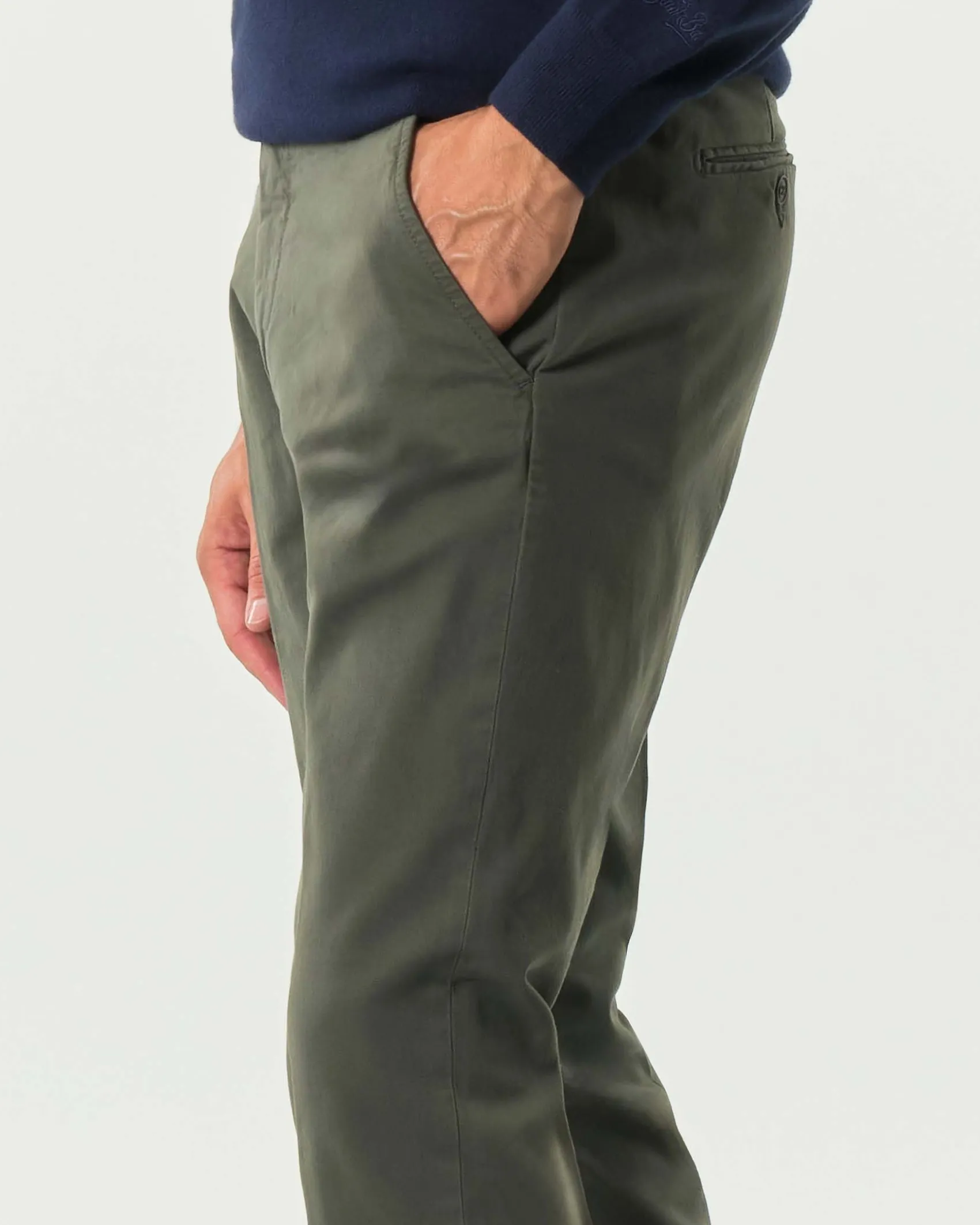Pantalone chino New Rolf Roy Roger's verde militare slim-fit in gabardina di cotone stretch
