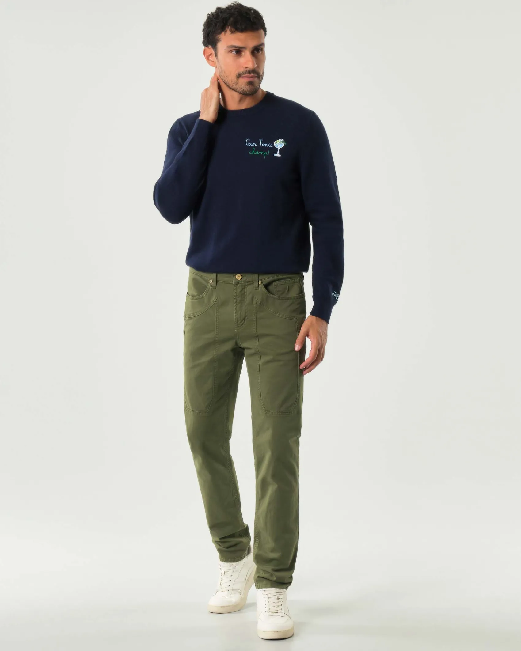 Pantalone cinque tasche Jeckerson verde militare modello John in gabardina di cotone stretch con toppa