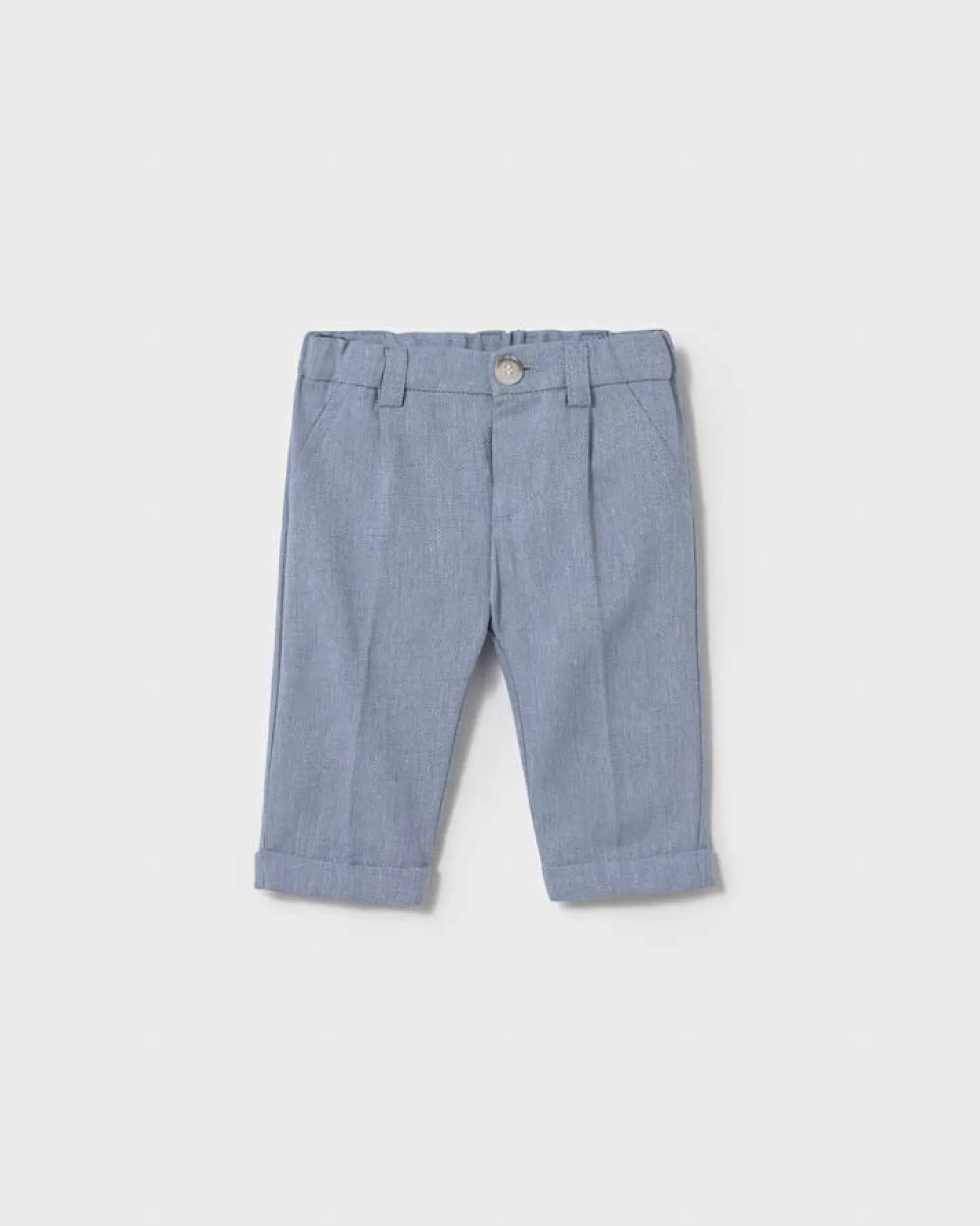 Pantalone color avio in misto cotone e lino a gamba dritta