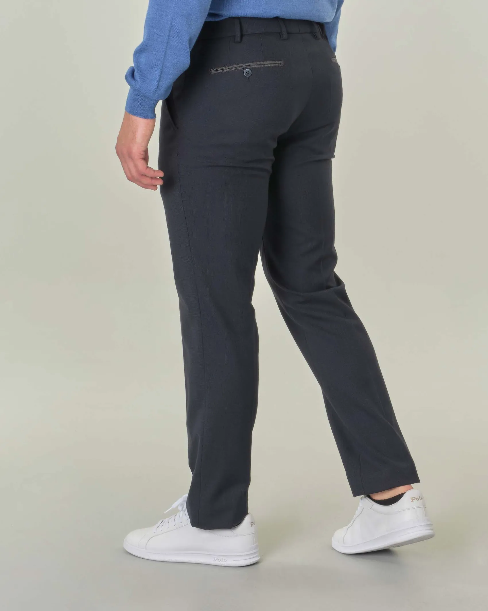Pantalone Meyer Bonn blu in micro pied de poule di misto cotone e lana stretch a gamba dritta