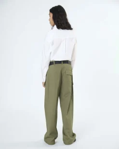 Pantalone palazzo cargo To be Too verde militare con cintura nera