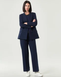 Pantaloni alla caviglia blu Emme Marella in tessuto diagonale stretch dalla linea dritta