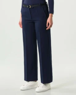 Pantaloni alla caviglia blu Emme Marella in tessuto diagonale stretch dalla linea dritta