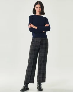 Pantaloni alla caviglia Emme Marella a fantasia check nera e grigia con risvolto al fondo