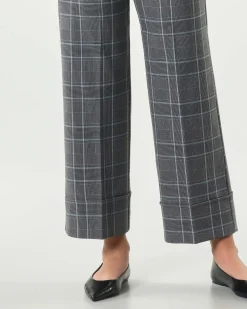 Pantaloni alla caviglia Emme Marella a fantasia check grigio e azzurro con risvolto al fondo