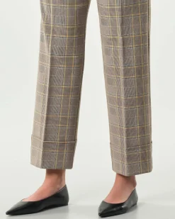 Pantaloni alla caviglia Emme Marella a fantasia check color noce e giallo con risvolto al fondo