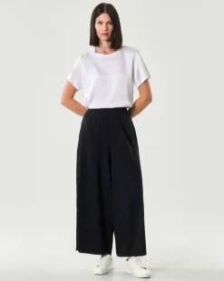 Pantaloni ampi neri JurerĂȘ in misto viscosa punto Milano con elastico inserito in vita