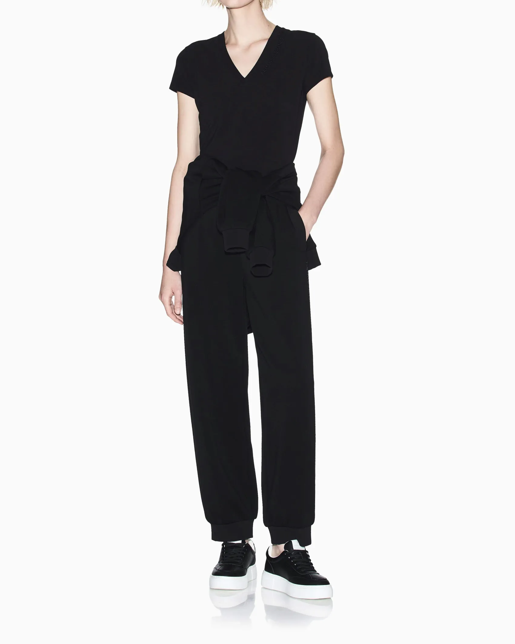 Pantaloni Armani Exchange neri in viscosa blend con dettagli in maglia di cotone