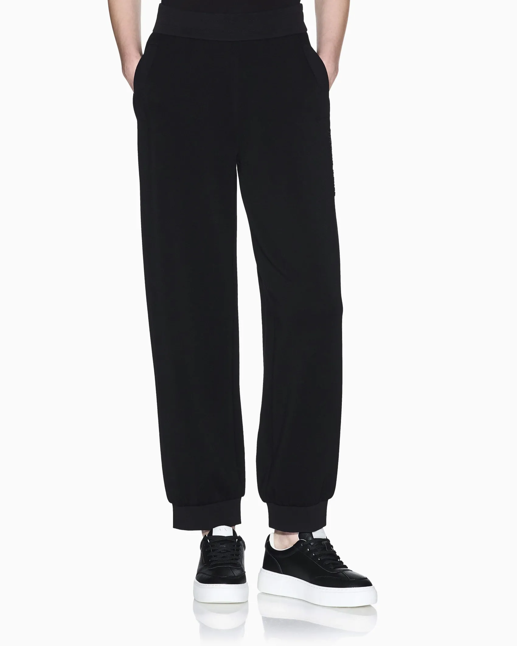 Pantaloni Armani Exchange neri in viscosa blend con dettagli in maglia di cotone