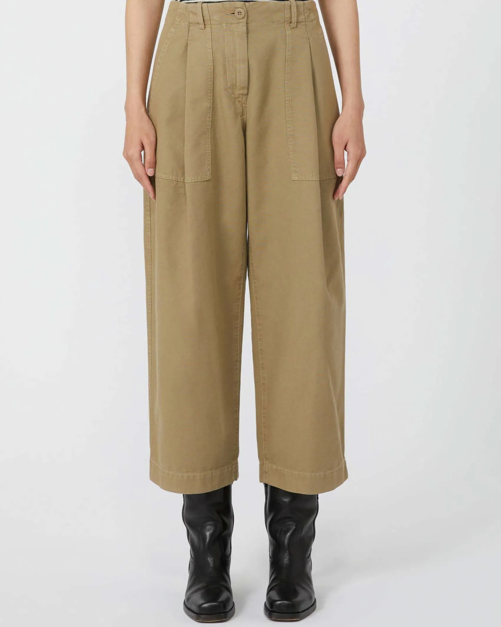 Pantaloni barrel leg color khaki Weekend Max Mara in cotone con pinces in vita