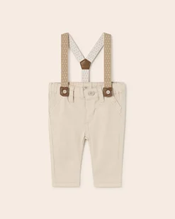 Pantaloni beige in gabardina stretch con bretelle a pois removibili 4-18 mesi