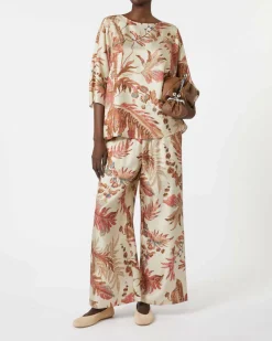 Pantaloni beige Weekend Max Mara in raso di seta fantasia foliage rosa con elastico inserito in vita