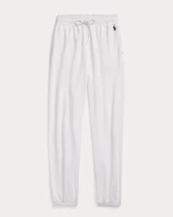 Pantaloni bianchi in felpa di cotone garzato con elastico al fondo e logo blu ricamato