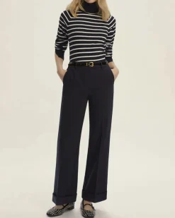 Pantaloni blu Emme Marella in tessuto doppio stretch di misto viscosa dalla linea dritta con risvolto al fondo