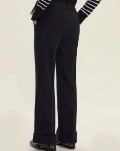 Pantaloni blu Emme Marella in tessuto doppio stretch di misto viscosa dalla linea dritta con risvolto al fondo