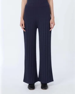 Pantaloni blu in trico di misto viscosa stretch a coste piatte MM Max Mara