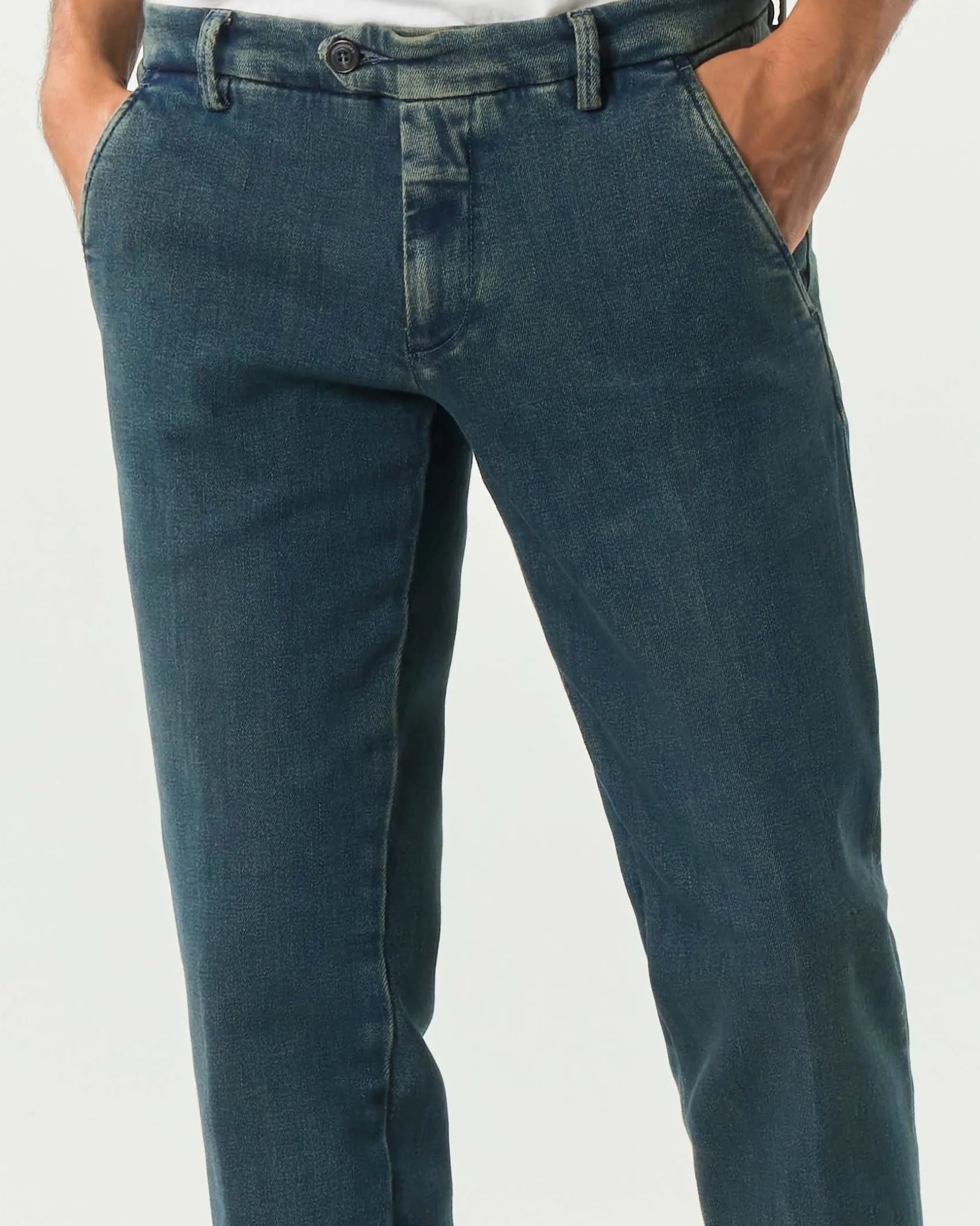 Pantaloni chino New Rolf Roy Roger's in denim di cotone stretch lavaggio scuro con sabbiature