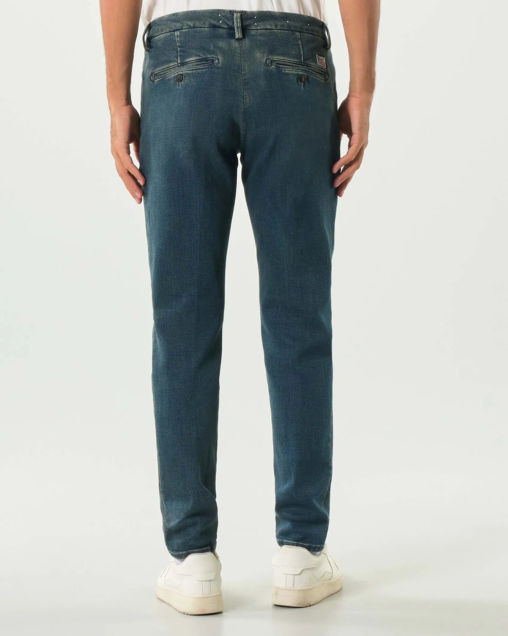 Pantaloni chino New Rolf Roy Roger's in denim di cotone stretch lavaggio scuro con sabbiature
