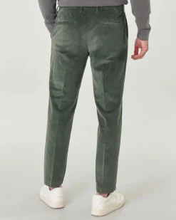 Pantaloni chino Pellizzari verde militare in velluto millerighe con pinces frontale ed elastico sul retro