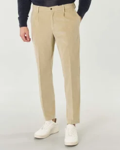 Pantaloni chino Pellizzari beige in velluto millerighe con pinces frontale ed elastico sul retro