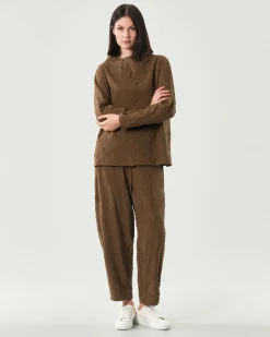 Pantaloni color noce a pallocino Jurerê in misto ramiè effetto froissè con elastico inserito in vita