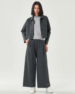 Pantaloni flare Hlo! grigio antracite in misto viscosa con elastico e pinces in vita