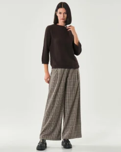 Pantaloni flare Hlo! in misto viscosa a fantasia Vichy marrone e beige con elastico e pinces in vita