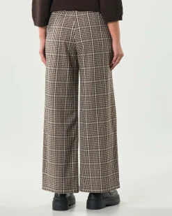 Pantaloni flare Hlo! in misto viscosa a fantasia Vichy marrone e beige con elastico e pinces in vita