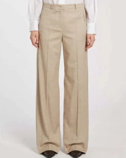 Pantaloni greige Marella in sablé di lana e viscosa stretch dalla linea a palazzo con piega stirata