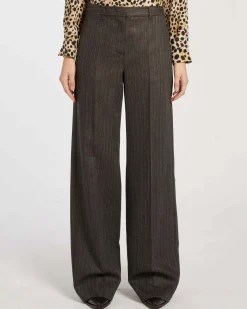 Pantaloni grigi gessato cammello Marella in pura lana vergine dalla linea a palazzo con piega stirata