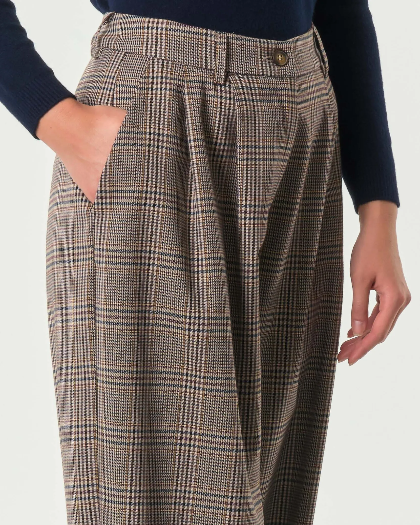 Pantaloni Hlo! dalla linea baloon in misto viscosa a fantasia Principe di Galles marrone e bordeaux con pinces