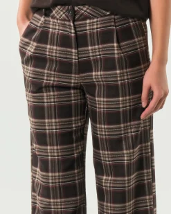 Pantaloni Hlo! in misto viscosa a fantasia check marrone e beige con pinces