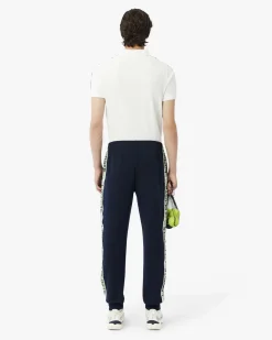 Pantaloni Lacoste blu in felpa di cotone con banda porta logo in contrasto