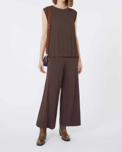 Pantaloni marroni cropped ampi Weekend Max Mara in maglia di viscosa plissettata