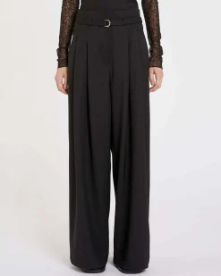 Pantaloni neri ampi a vita alta Marella in tessuto diagonale stretch di misto lana con doppia pinces in vita