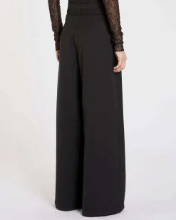 Pantaloni neri ampi a vita alta Marella in tessuto diagonale stretch di misto lana con doppia pinces in vita