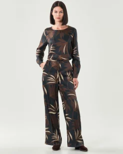 Pantaloni palazzo blu Emme Marella a fantasia ramage marrone in twill