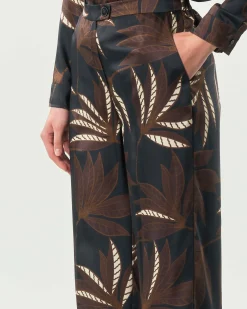 Pantaloni palazzo blu Emme Marella a fantasia ramage marrone in twill