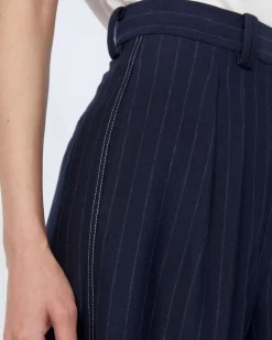 Pantaloni palazzo blu in jersey di viscosa con motivo gessato MM Max Mara con pinces in vita