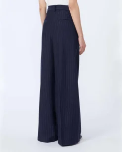 Pantaloni palazzo blu in jersey di viscosa con motivo gessato MM Max Mara con pinces in vita
