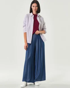 Pantaloni palazzo blu stone washed Hlo! in lyocell con pinces in vita ed elastico sul retro